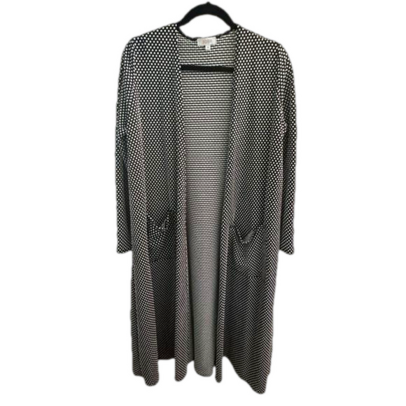 LuLaRoe Sweaters - LuLaRoe Sarah Long Duster Cardigan Pockets Black White Polka Dot Size M